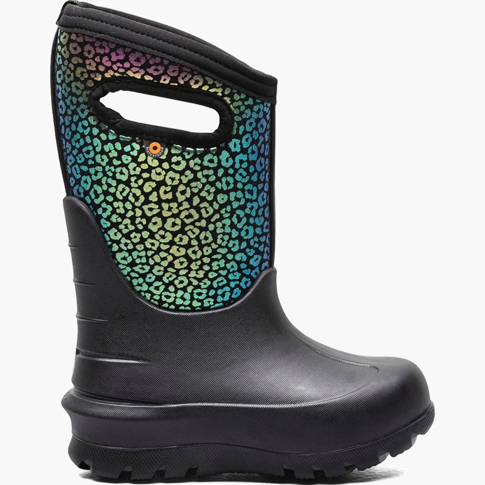 Bogs Kids' Black and Rainbow Leopard Boots